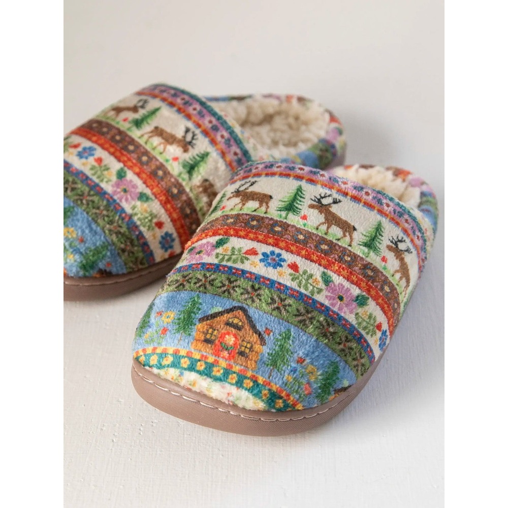 Natural life nwt L soft cozy winter sherpa slip on slippers moose deer cottage